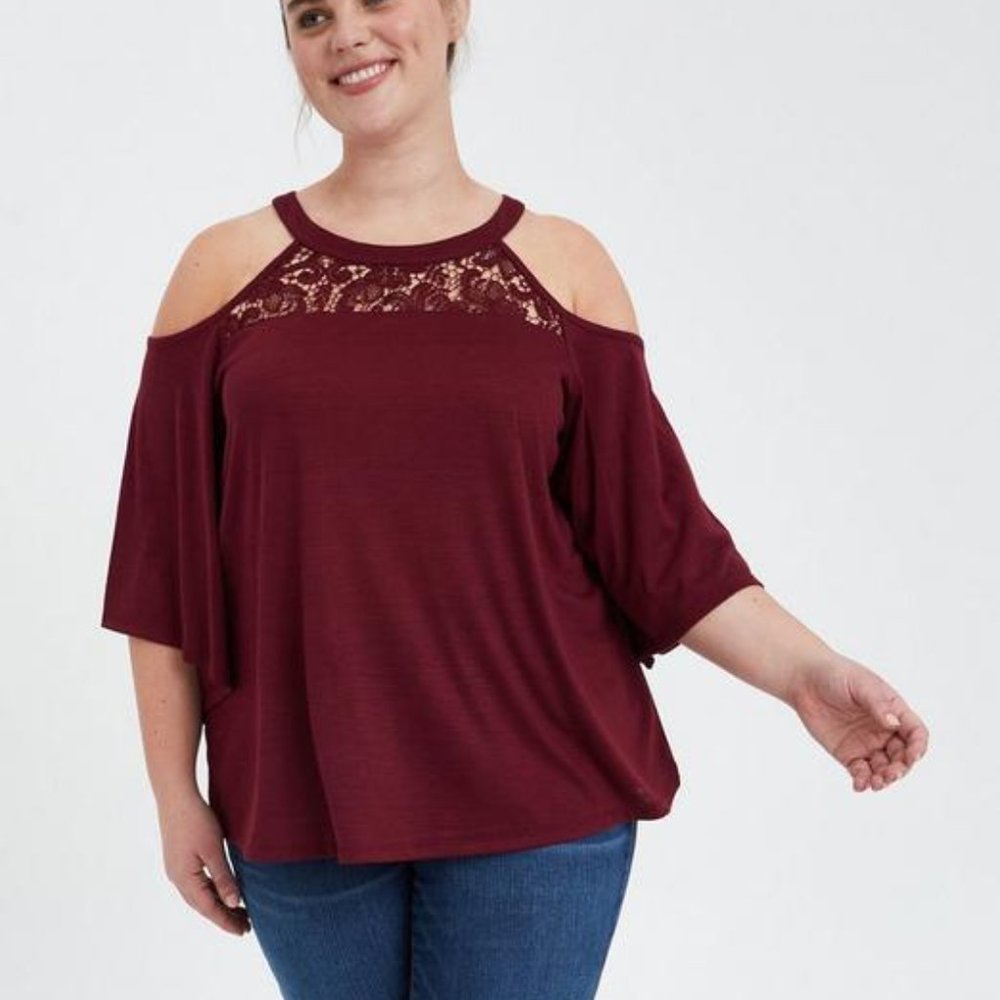 Torrid Knit Jersey Crew Neck Lace Inset Cold Shoulder Top